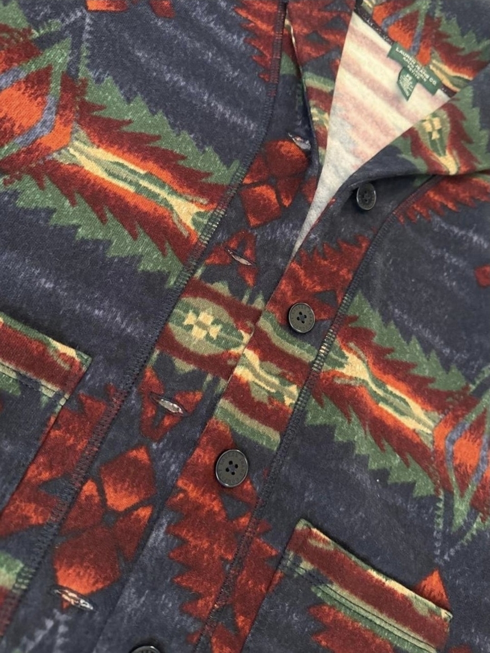 LRL Ralph Lauren Navy Jacket with Red & Green Aztec Pattern